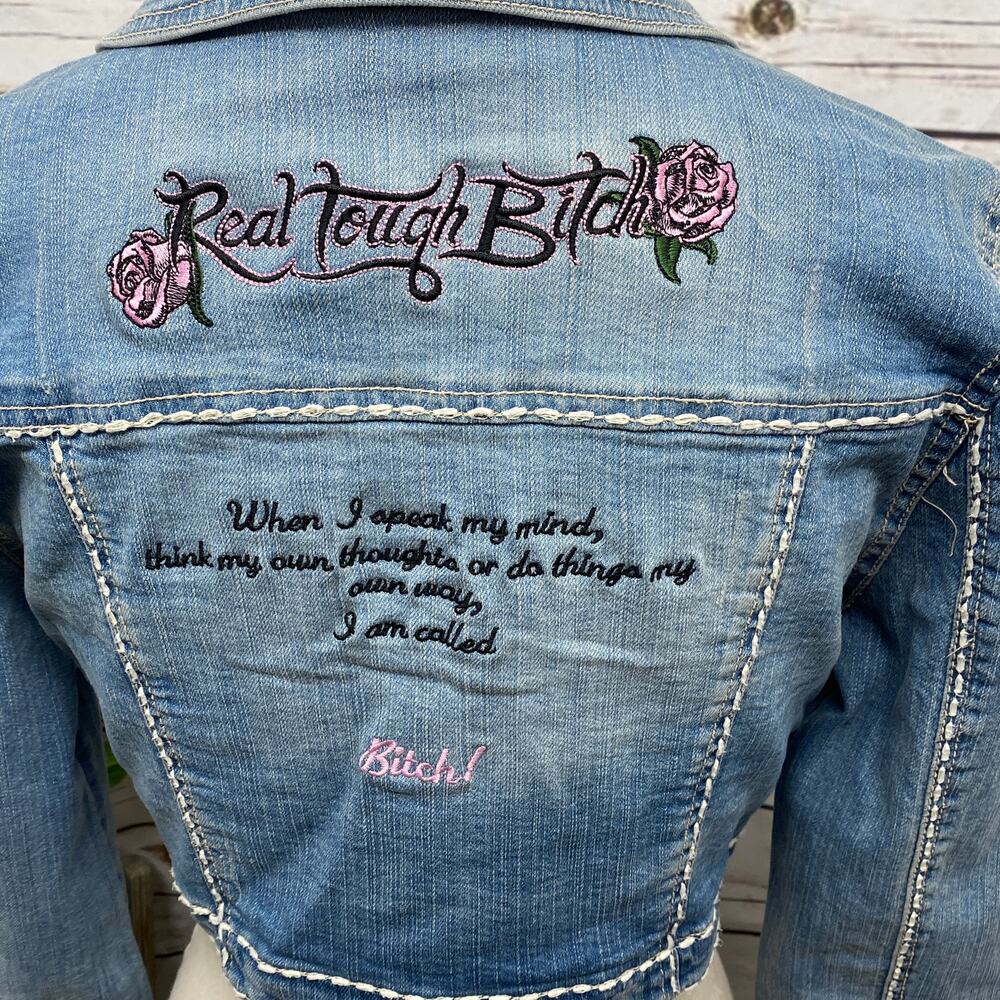 RTB Real Tough B itch Denim Jacket LARGE Biker Babe Blue Jean Embroidered Bling - Picture 7 of 12